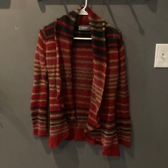 Wooden Ships  s/ med sized light weight striped red, black and tan sweater GUC - Picture 1 of 3